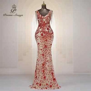 Sexy Beaded Sleeves Evening Dresses Women Prom Maxi Dress Party  Evening Gowns - Picture 1 of 29