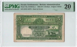 STRAITS SETTLEMENTS 5 Dollars 1927, P-10a, Green Date, PMG 20 Original Very Fine - Picture 1 of 2