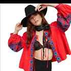 Free People Swingy Embroidered Jacket Floral Aztec Cottage Vintage Small Red