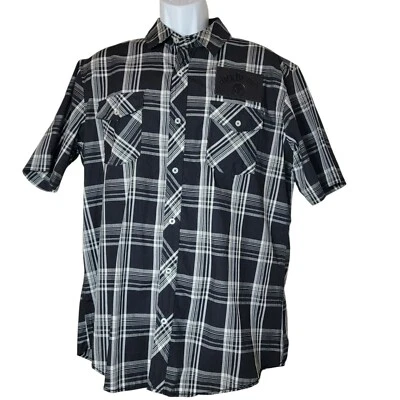 Jack Daniels Button Front Shirt, Men XL, Black & White Plaid, Logo Patch, SS,EUC - Image 1 of 4