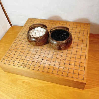 Japanese Go Set Wooden Board and Go Stones Used No Legs Traditional Game Used - Image 1 of 4