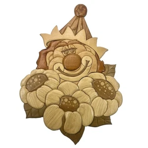 Grande Intarsia Madera Trabajo Arte Feliz Payaso Flores Hecho a Mano Colgante de Pared - Imagen 1 de 8