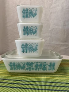 Vtg Pyrex Turquoise Amish Butterprint Refrigerator Dish Set of 4 (8-Pcs.) (E) - Picture 1 of 19