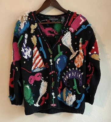 Vintage Eagles Eye Novelty New Years Eve Cardigan Sweater S 3D Party Holiday - Image 1 of 4