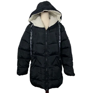 Bebe Hooded Puffer Coat XL Black Jacket Zip Pockets Rhinestone Logo Anorax Women - Picture 1 of 16