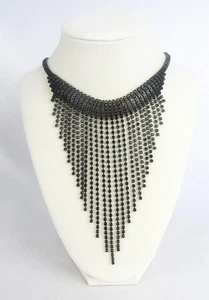 Vintage Black Rhinestones Draping Tiered Fringe Bib 16" Necklace - Picture 1 of 9