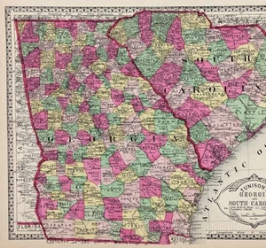 1887 GEORGIA - SOUTH CAROLINA Map ORIGINAL (12x10) Charleston - Savannah - Picture 1 of 4
