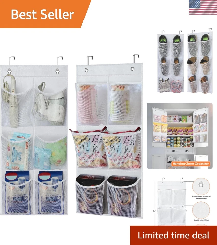 2 Pack - KIMBORA 6 Large Mesh Pockets Closet Door Organizer Narrow Shoe White