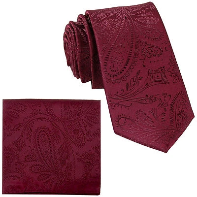 New Men's 2.5" skinny polyester Woven necktie & hankie paisley burgundy formal - Image 1 of 3