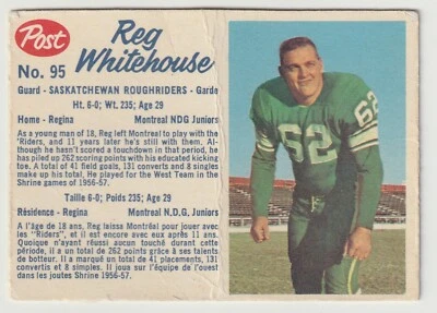 1962 Post CFL Reg Whitehouse Card #95 Saskatchewan Roughriders - Image 1 of 2