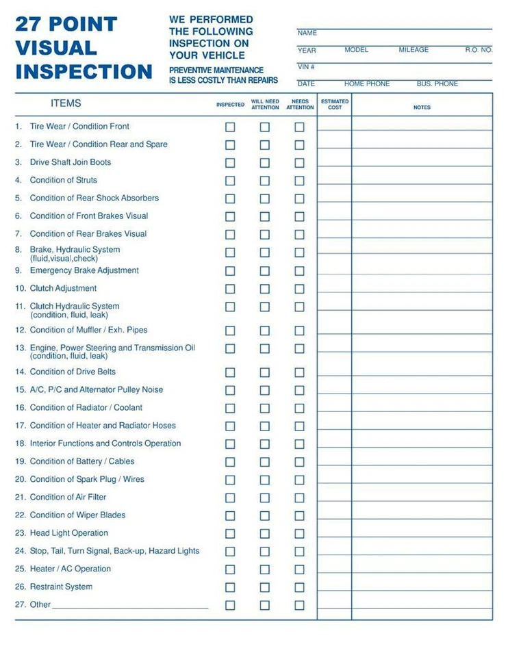 1000 - 27 Point Automotive Service Inspection Forms / 2 Part Carbonless TMG024 - Image 1 of 1