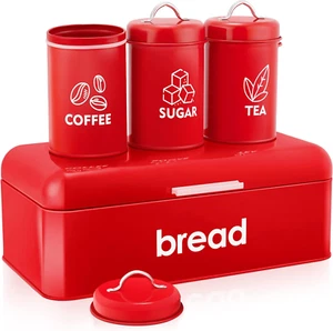Red Bread Box for Kitchen Counter, Large Metal Bread Storage Container with 3 Ma - Picture 1 of 7