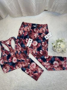 Nine West Activewear Sz M tank bra - legging shorts women pink Blue Floral Yoga - Picture 1 of 8