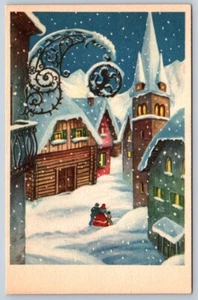Family Going To Church,Snowy Village Scene, Vintage Italian Christmas Postcard - Picture 1 of 2