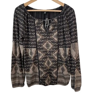 Lucky Brand Paisley Floral Long Sleeve Tie Neck Top Size Small Black Tan Boho - Picture 1 of 5