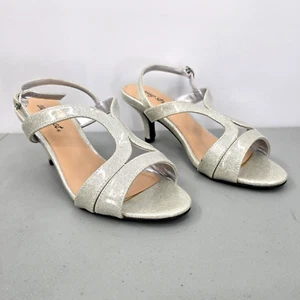 Easy Street Bree Womens 7 WW Silver Patent Glitter Open Toe Heels Sandals Shoes - Picture 1 of 12