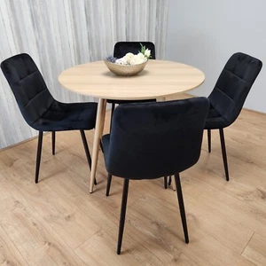 Round Oak Effect Kitchen Dining Table With 4 Black Velvet Tufted Chairs Set - Picture 1 of 16