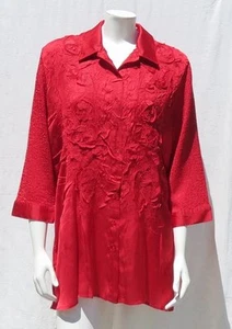 $99 CHICO’S Red Crinkled Crush ¾ Slv Long Blouse Shirt Tunic Top sz 3 14 16 EUC - Picture 1 of 6
