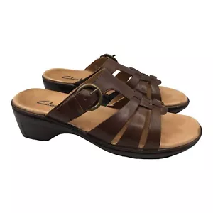 Clarks braune Ledersandalen Damen Größe 7,5 M Keilabsatz Gladiator offene Zehenpartie - Bild 1 von 7