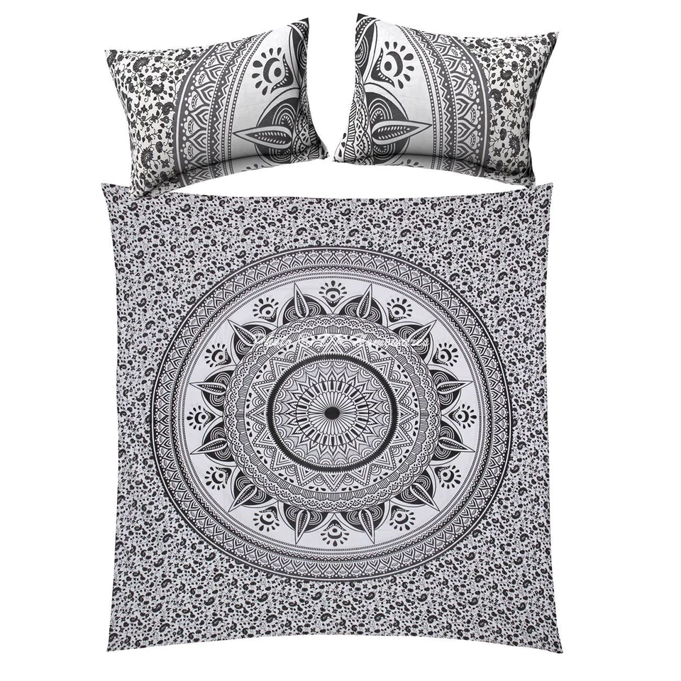 Conjunto de capa de edredom floral cinza duplo roupa de cama étnica boho cobertor capa Doona - Imagem 1 de 4