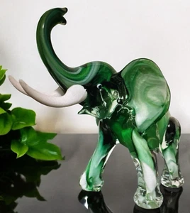 Vintage Hunter Green White Glass Elephant Trunk Up Tusk Figurine Large Murano 10 - Picture 1 of 23