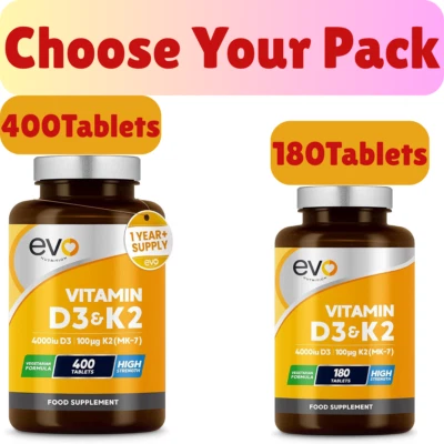 EVO NUTRITION Vitamin D3 4000iu & Vitamin K2 100ug MK7 Vegetarian High Strength 180/400 Tablet