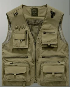 Men’s Khaki Multi Pockets, Breathable,Sleeveless Vest-Casual Mesh V-Neck Zip-Up - Picture 1 of 9