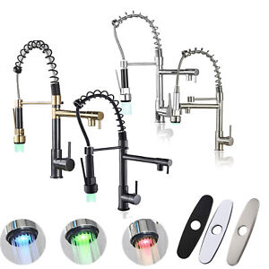 Commercial LED Kitchen Sink Spring Faucet Pull Down Sprayer Stainless With Cover