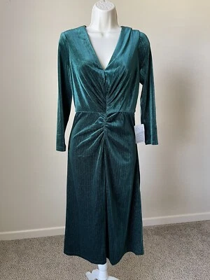 Maggy London Women’s Green Metalic V-Neck 3/4 Sleeve Fit & Flare Midi Dress s 6 - Image 1 of 4