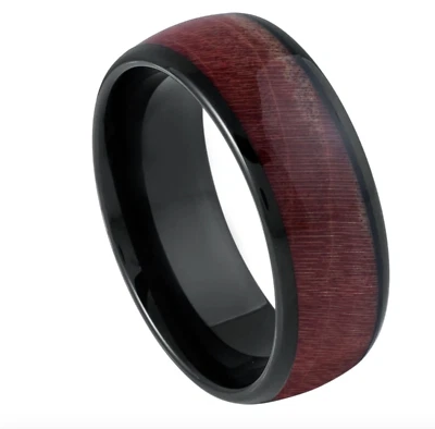 Custom Laser Engraving Black Tungsten Dye Burgundy Hue Solid Wedding Band Ring - Image 1 of 4