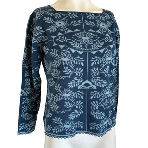 Oleana Silk Wool Sweater Blue Folk Floral Pattern Pullover Norway sz S - Picture 1 of 8