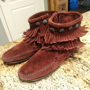 Minnetonka Women's Double Fringe Moccasins Side Zip Boot Brown Suede Size 5 - Picture 1 of 13