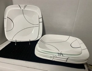 Corelle SIMPLE LINES Square 8 Dinner 10.5” & 3 Lunch Plates 9” Black White 11pcs - Picture 1 of 8
