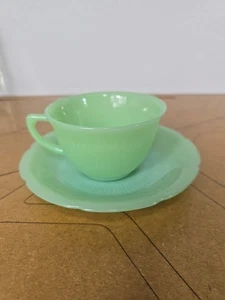 Vintage Jadeite Fire King Ware Cup and Saucer Set #22 Ribbed Floral Design EUC  - Picture 1 of 20