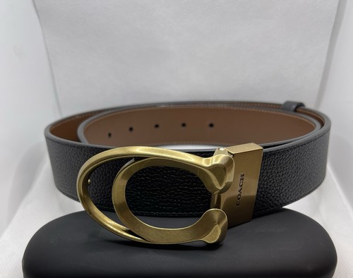 Cintura uomo Coach scolpita firma fibbia oro taglio a misura reversibile taglia 32