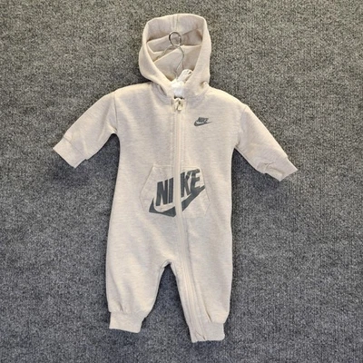 Nike Romper Baby 6M Gray Fleece Hooded Zip One Piece Jumpsuit Logo Coverall - Image 1 of 4