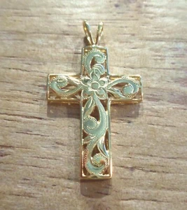 23MM 14K YELLOW GOLD PLATED 925 SILVER HAWAIIAN PLUMERIA SCROLL CROSS PENDANT - Picture 1 of 6