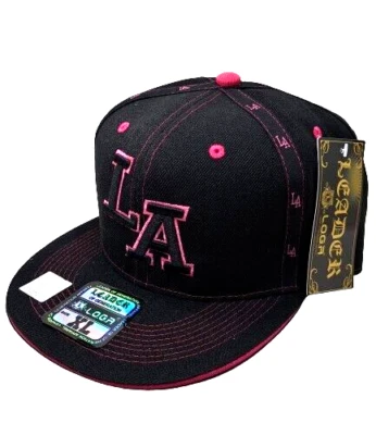 Nuevo NUEVO CON ETIQUETAS Leader Loga LA Los Angeles Rosa sobre Negro Bordado Gorra Ajustada Sombrero XL Foto 1 de 4
