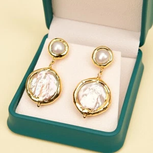 Cultured White Coin Pearl yellow Gold Plated Stud Earrings Dangle Lady Earrings - Picture 1 of 8