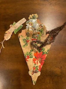 Antique German Die-Cut Scrap XMAS Cornucopia Tinsel Candy Container Ornament - Picture 1 of 11