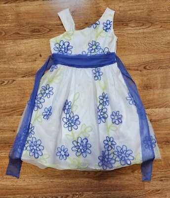 可爱罕见版本女孩 10 码连衣裙白色和 Periwinkle 花卉 Tule 图案 — 第 1/4 张图片