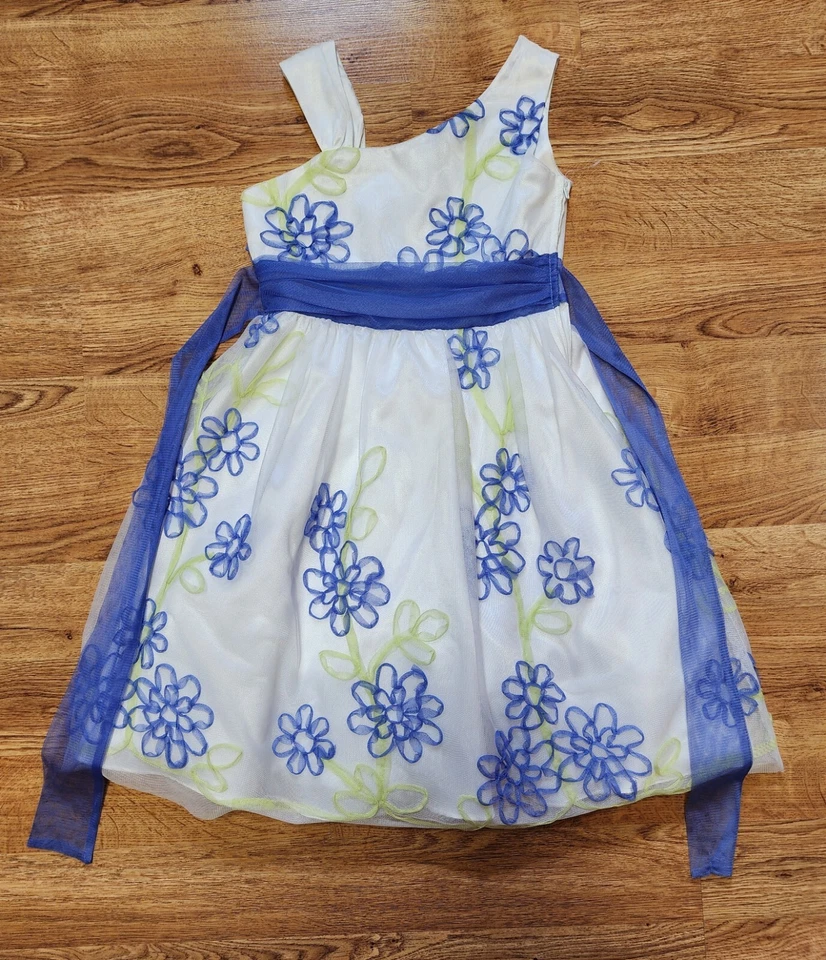 Lindo Vestido Ediciones Raras Para Niña Talla 10 Blanco y Periwinkle Floral Patrón Tule Foto 1 de 4