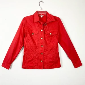 Cabi Taylor Ruffle Back Red Orange Military Button Up Jacket Style #727 Size S - Picture 1 of 8