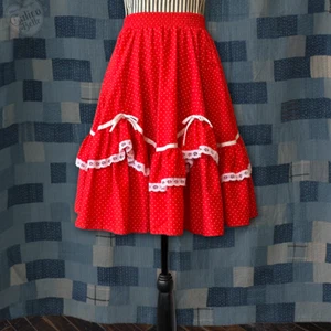 Vintage 70s Red Polkadot & Bows Prairie Petticoat Ruffle Circle Skirt Size M USA - Picture 1 of 8