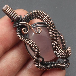 Rose Quartz Gemstone  Copper Wire Wrapped Pendant 2.4" Jewelry G19211 - Picture 1 of 3
