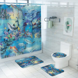 Dolphin Bathroom Rug Set Shower Curtain Non Slip Toilet Seat Lid Cover Bath Mat