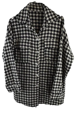 Jaqueta overshirt preta branca peito tamanho 40" feminina xadrez casual ao ar livre - Imagem 1 de 4