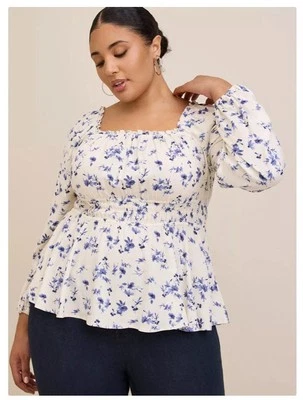 NWT Torrid Rayon Slub Blouson Sleeve Shirt Floral White Plus Size 2X - Image 1 of 4