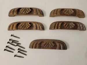 Vtg Hand Carved Dresser handles Wood Drawer Pulls Lot Of 5 - Picture 1 of 5