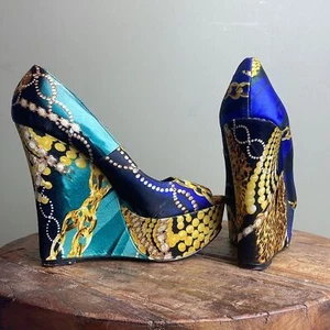 Aldo Satin Printed Fabric Jewel Tone Wedge Platform Size 39 US 8.5 - Picture 1 of 10